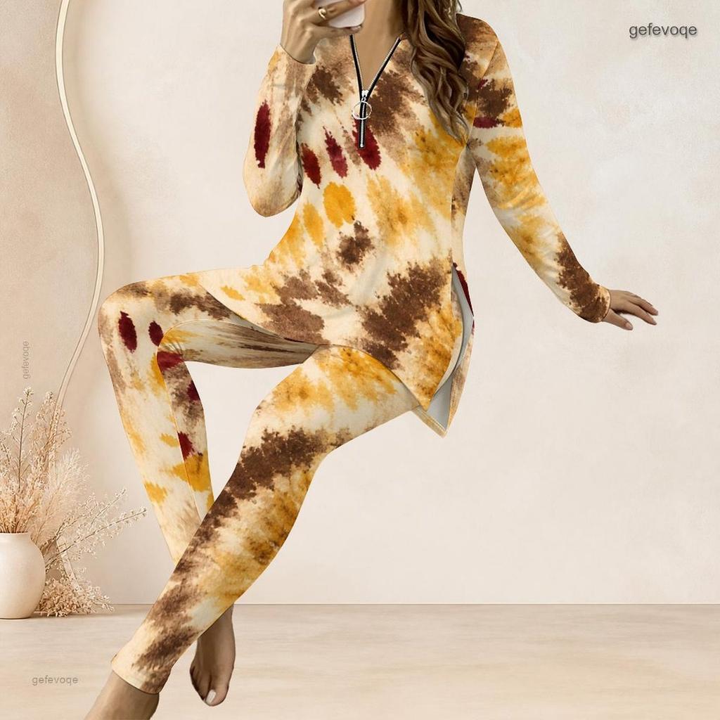 Women Plus Size Beige Blue Orange Printed Two Piece Set Half Zip Long Sleeve Longline Top Fitted Pants