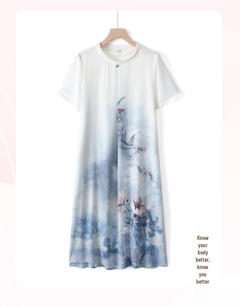 Elegant Ice Silk Summer Dress for Middle-Aged Women - Short Sleeve, Knee-Length, Chinese-Inspired Design