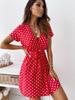 Sexy Deep V Retro Polka Dot Short Sleeve Dress Tie Waist A Line Short Dress Comfortable Lightweight Slimming Flattering Fit