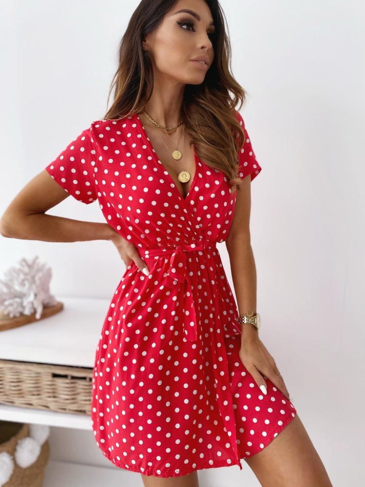 Sexy Deep V Retro Polka Dot Short Sleeve Dress Tie Waist A Line Short Dress Comfortable Lightweight Slimming Flattering Fit