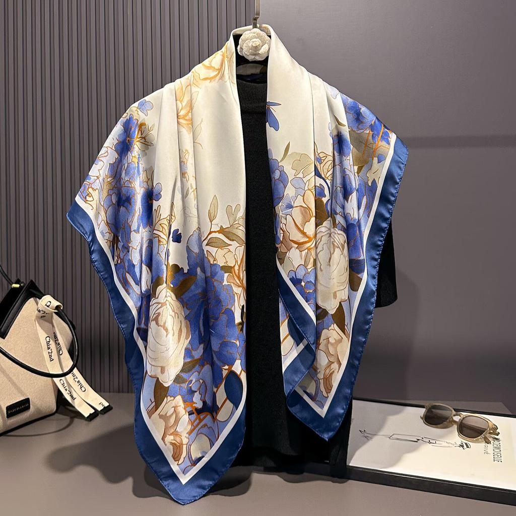 Women's Retro Fashion Mulberry Silk Feel Square Scarf - Summer Faux Satin, Sun Protection, 90cm