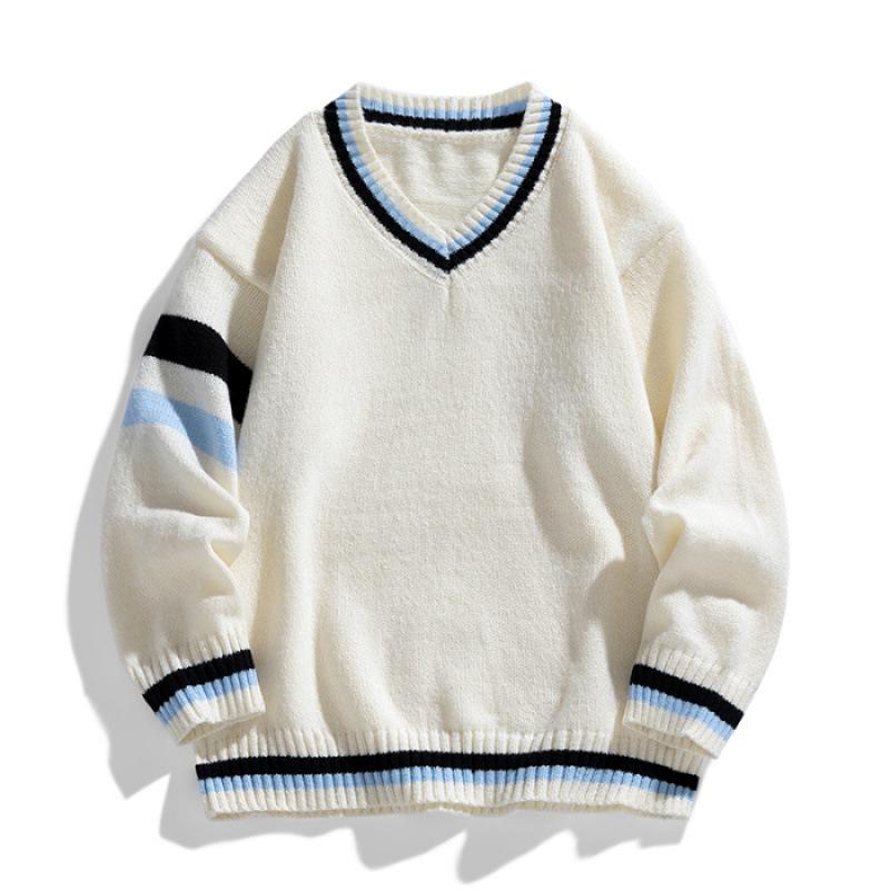 Fake Two-piece Sweater Men's Autumn Splicing College Style V Neckline Sweater Men's and Women's Models