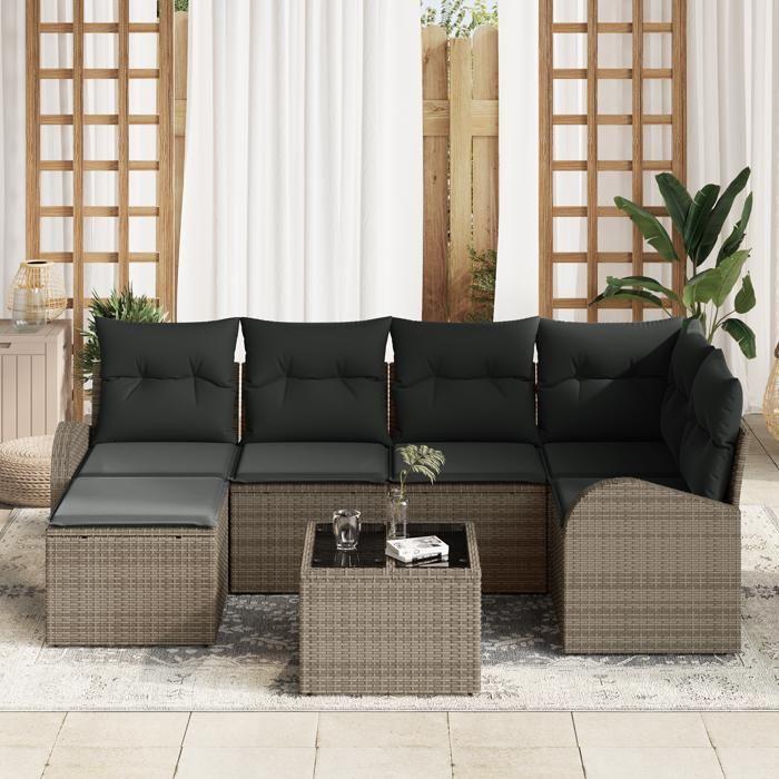 Ensemble de canapés de jardin 6 pièces avec coussins en rotin noir poly, Canapé de jardin 2 places avec rangement et 3354788