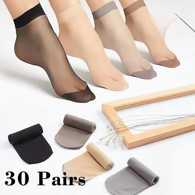 60 Piezas=30 Pares Calcetines Transparentes de Verano Ultradelgados para Mujer Nailon Señoras Femeninos Cortos al Tobillo Meias Elásticos Cristal Seda de Primavera Calcetines