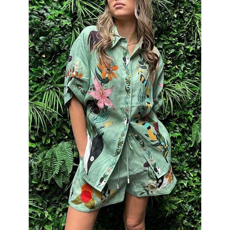 

Loose Fitting Shirt Shorts Print Set Shirts Loose Shorts Print Set Light Green 2XL