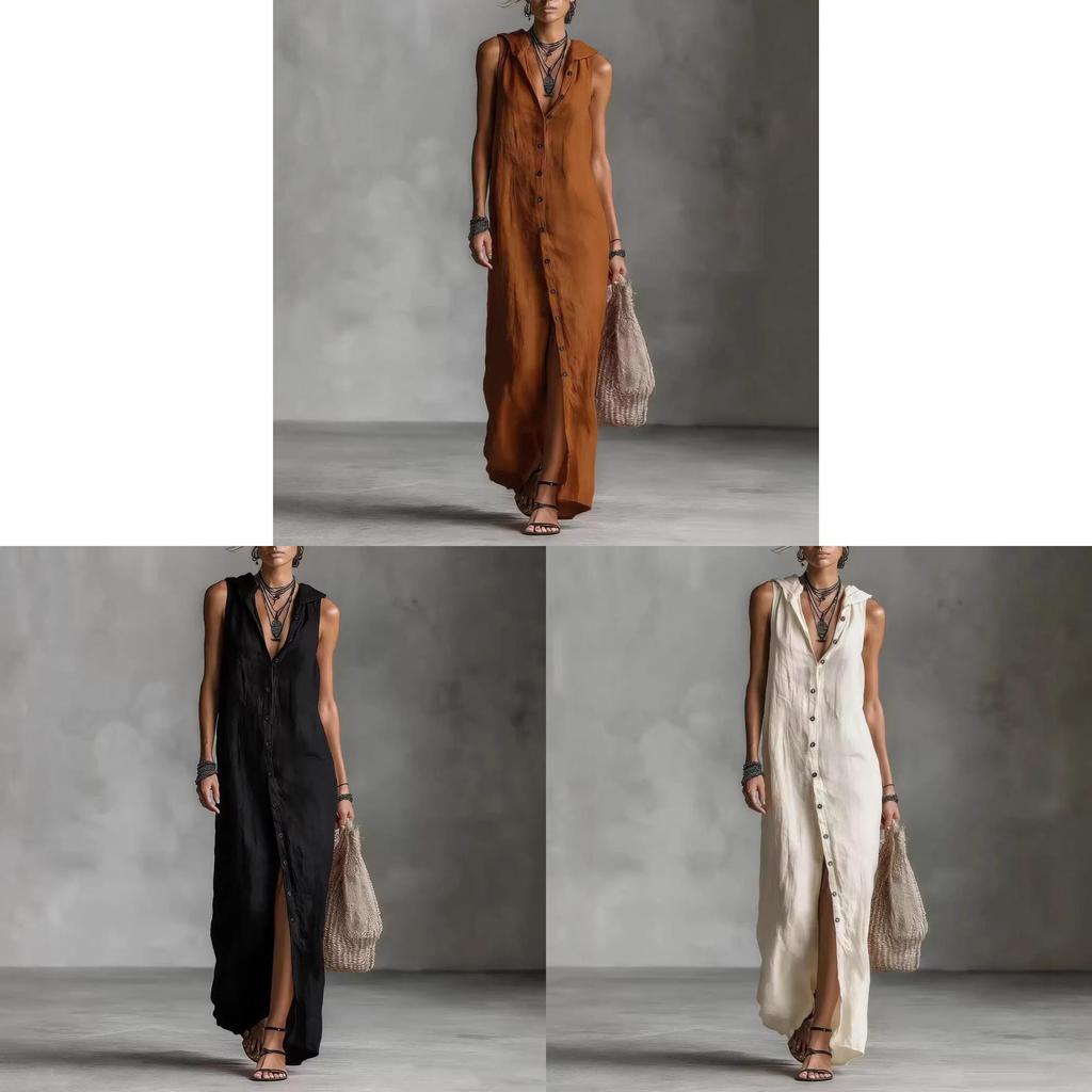 Long Sleeveless Spliced Dress With Polo Collar For Casual Travel And Streetwear