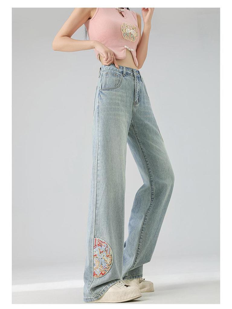 2025 Summer Women's High-Waist Wide-Leg Jeans with Embroidered Chinese Style