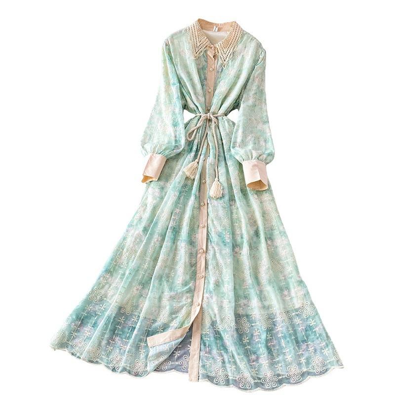 French sweet age-reducing lace hook-up lapel lantern sleeve dress women's vacation wind hemp rope waist and thin long dress