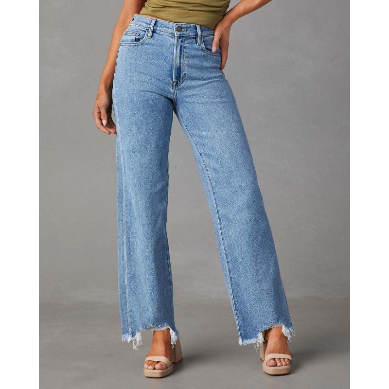 

Loose casual jeans women s fashion and simple tassel straight trousers women XXL светло-синий