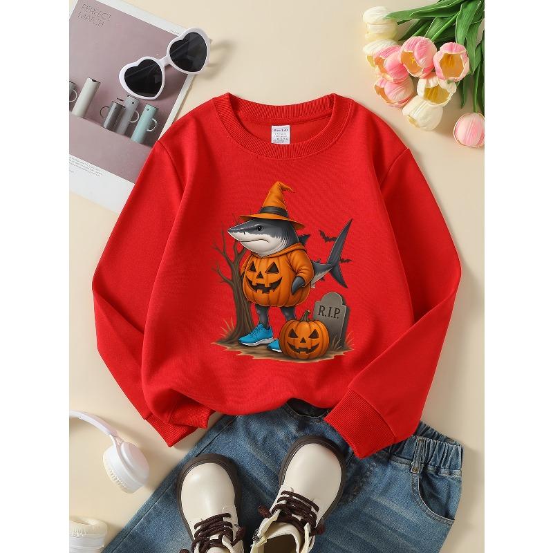 Girls' Halloween Long-Sleeve Sweatshirt, Round-Neck Fun Print Casual Top, Kids' Autumn Clothing, Suitable for Trick-Or-Treat Parties And Halloween