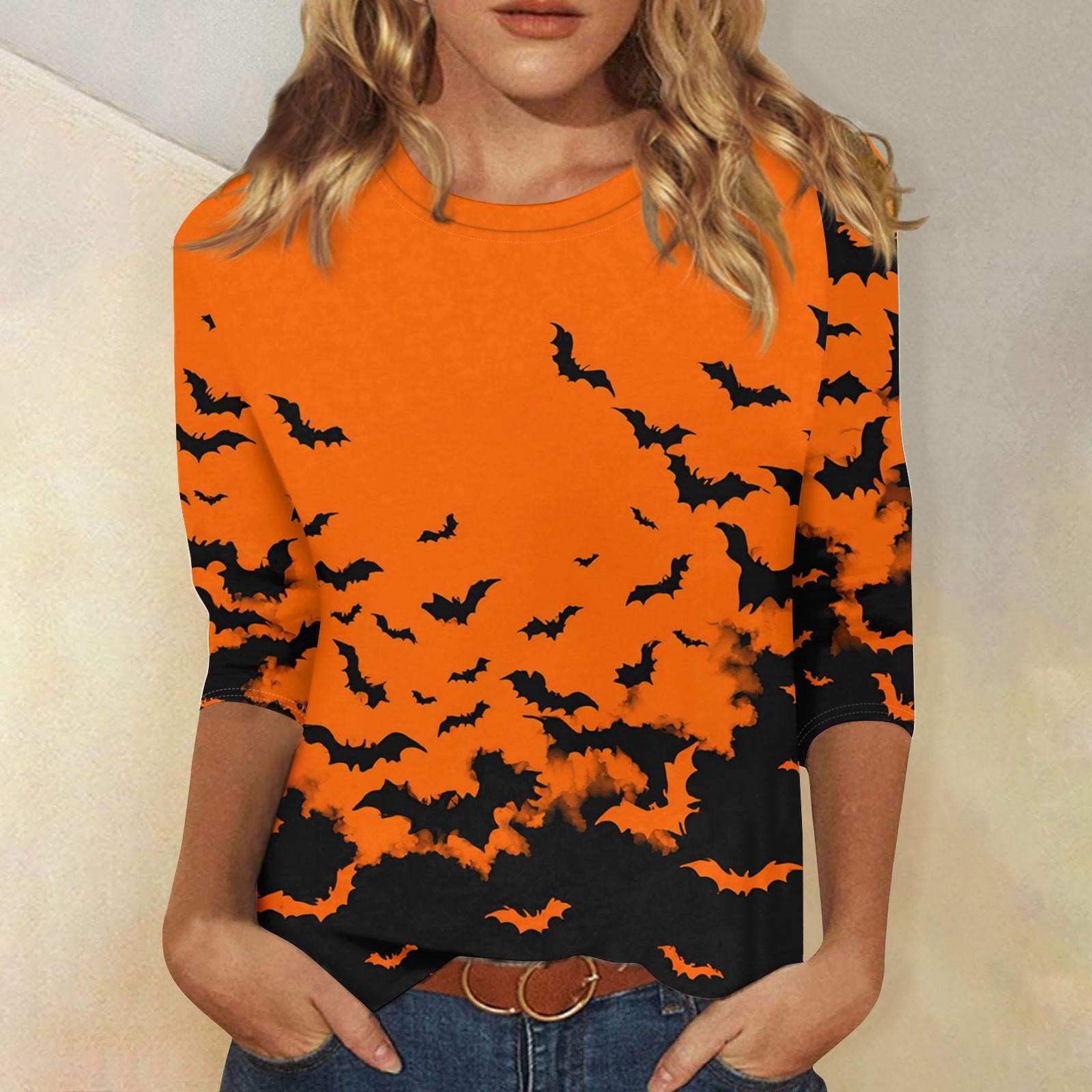 

Женская модная повседневная футболка с рукавом три четверти и принтом на Хэллоуин, с круглым вырезом M оранжевый