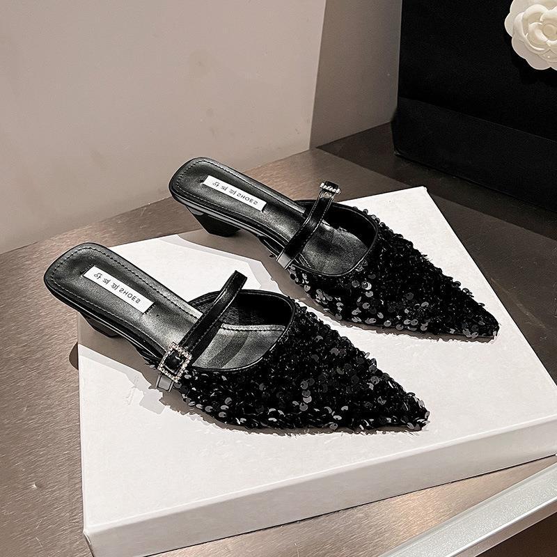 High Heels Women's Summer New Bag Head Sequins Pointed One-word Buckle Sandals Thick Heel Outer Slippers