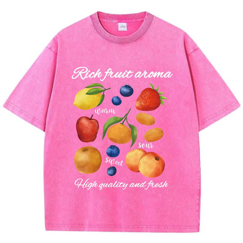 Damen gewaschene T-Shirts Druck mit reichem Fruchtaroma Kurzarm Baumwolle Rundhals Oversize Oberteile Vintage Damenbekleidung