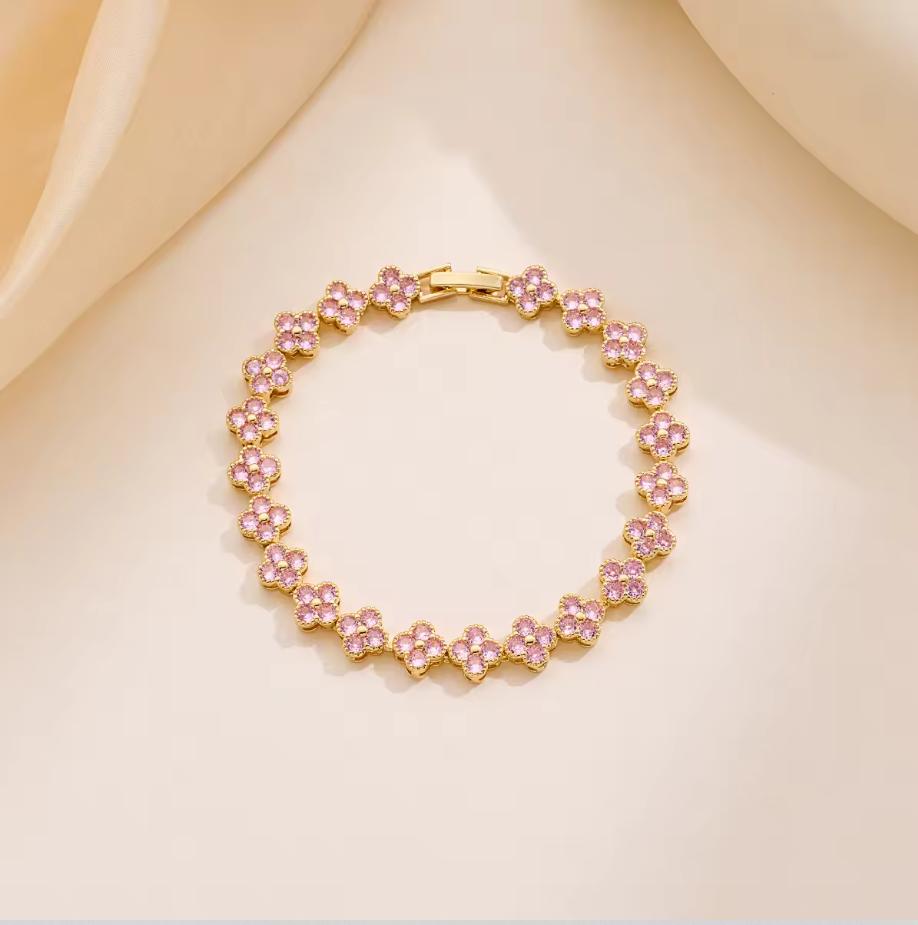 XF Multicolor Four-leaf Clover Bracelet Rainbow Tennis Bracelet Chic Alloy Bangle Luxurious Fashion Jewelry for Women