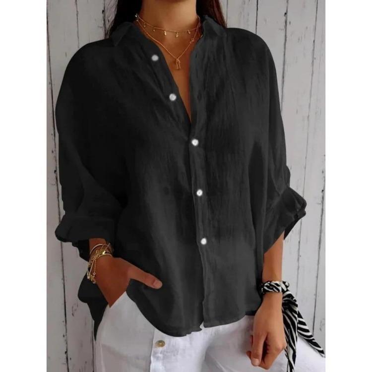Women's Casual Blouses Spring Fall Fashion Print Solid Color 3/4 Sleeves POLO Neck Shirts
