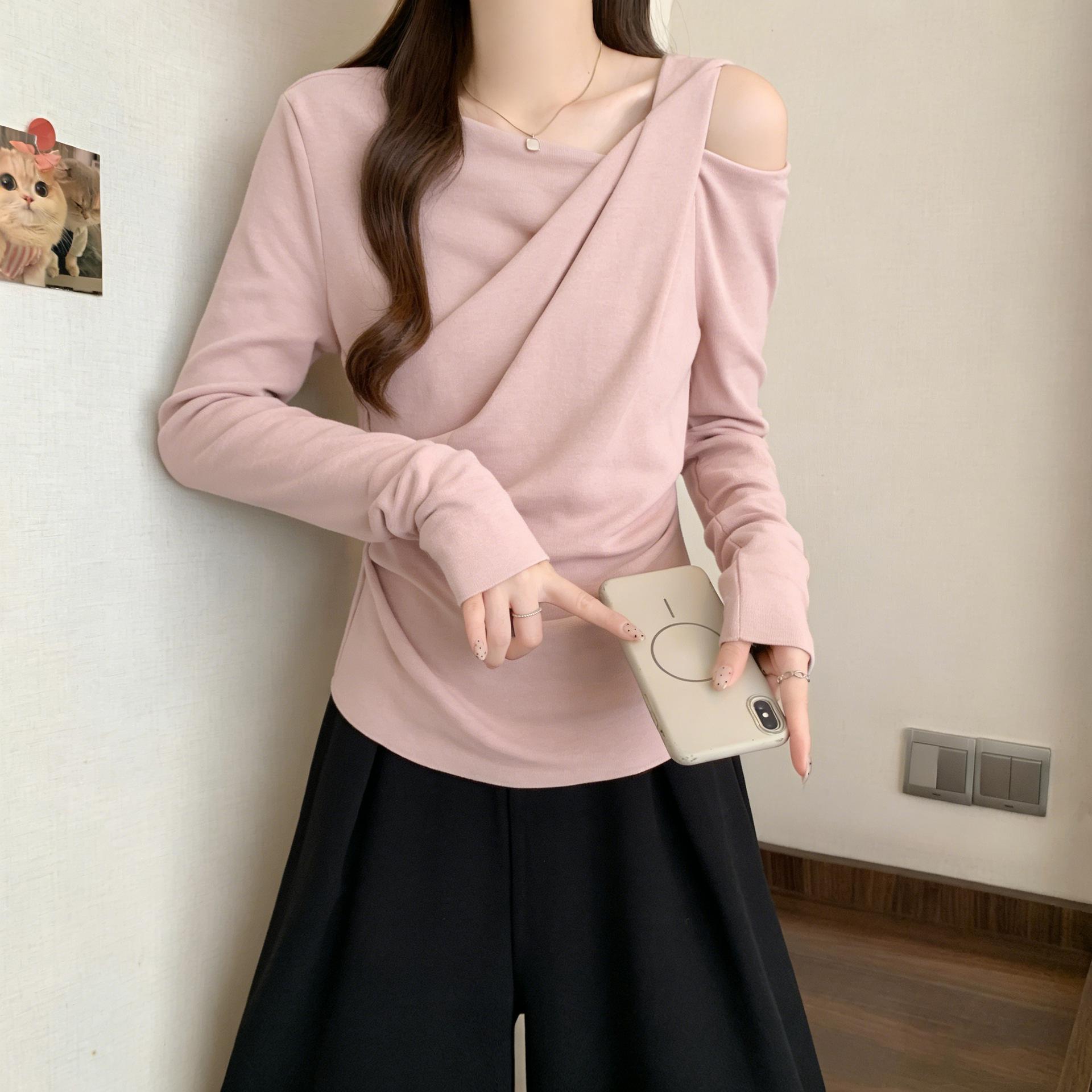 

Women s Plus Size Off-the-Shoulder Two-Piece Look Long-Sleeve T-Shirt - Spring/Autumn 2026 Collection, Slim Fit Waist-Cinching Base Layer Top. XL розовый