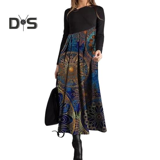 

Женское платье с косым вырезом, лоскутным узором, А-силуэтом, цветным принтом, плиссированными длинными рукавами, в стиле бохо, свободное макси-платье XXXL C