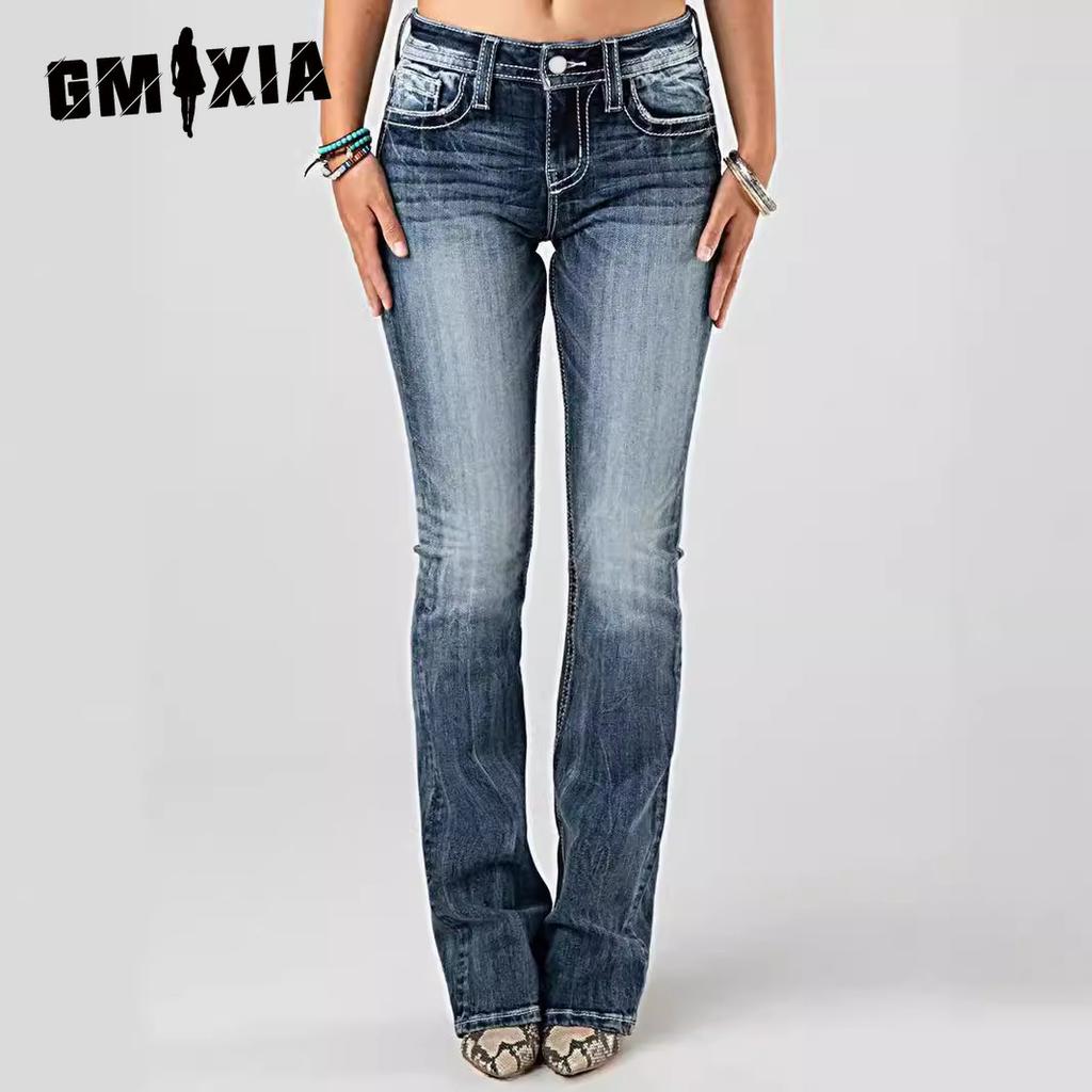 GMXIA Embroidered Jeans Women's Heavy Wash Stretch Denim Trousers