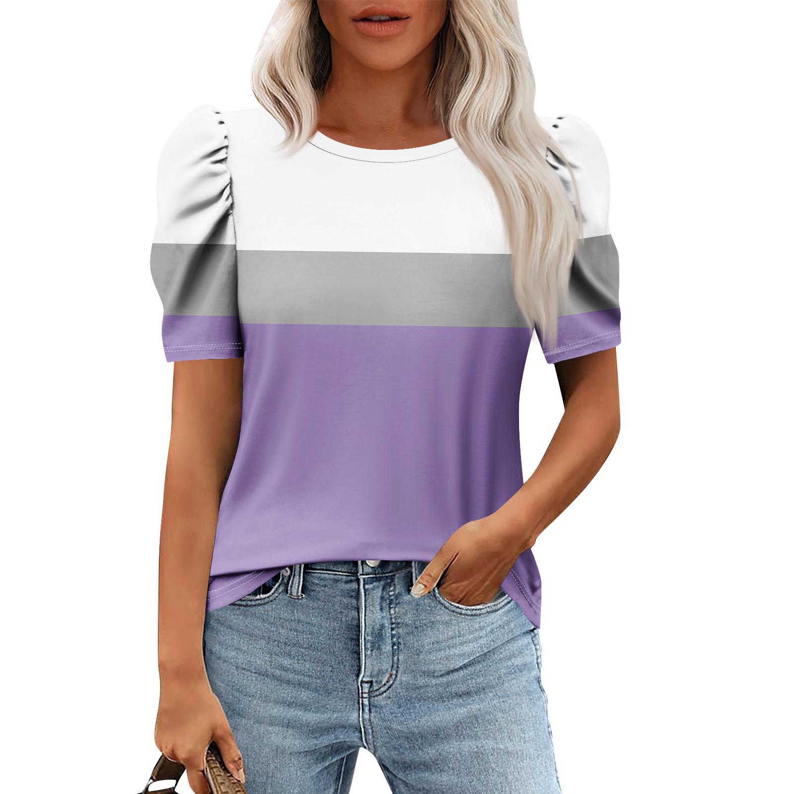 

Жіночі повсякденні пухові топи з короткими рукавами Модні туніки з круглим вирізом Літній одяг XL фіолетовий