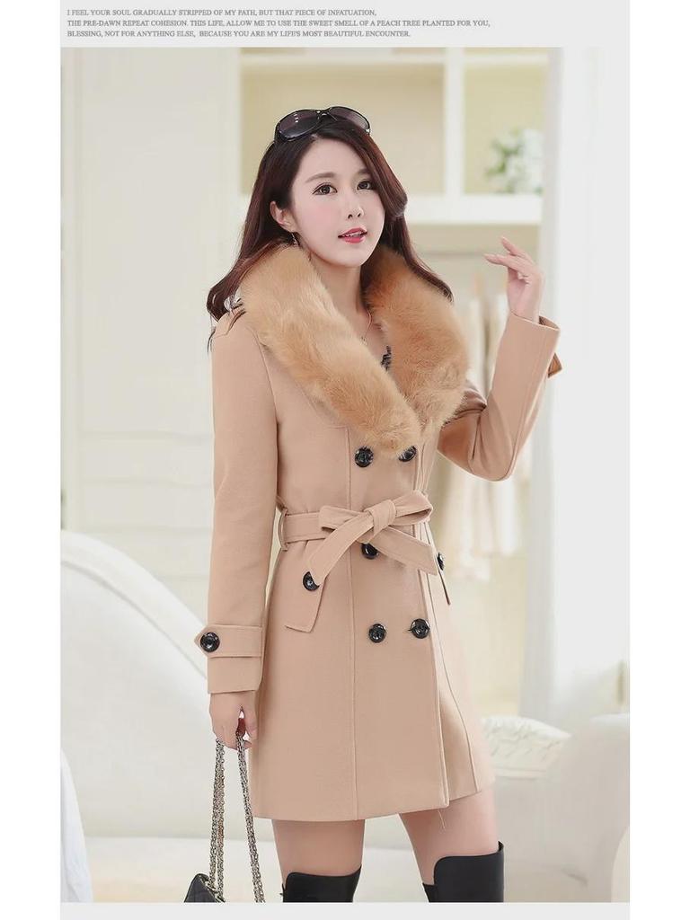 Women's Double-Breasted Wool Coat with Fur Collar