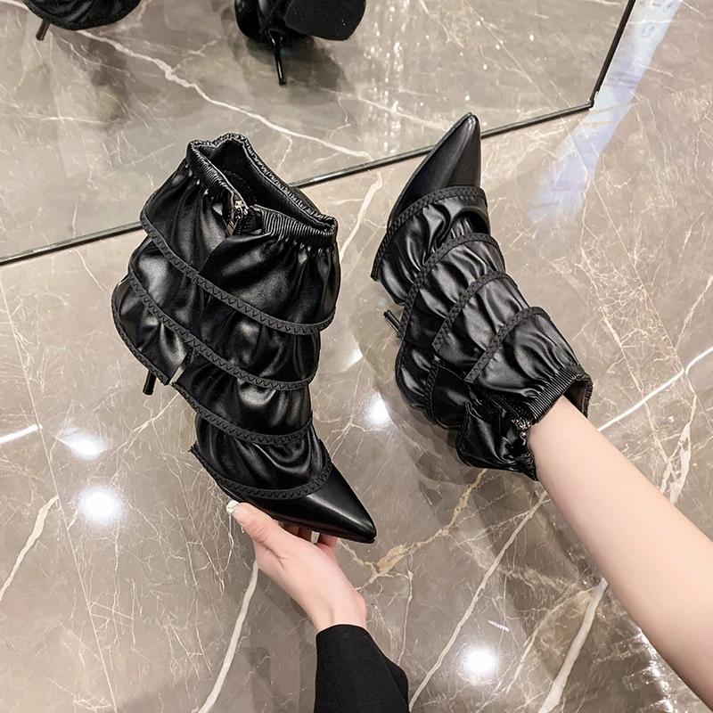 Luxusní značkové Dámské kotníkové boty Módní špičaté boty Podzim Zima Tenký vysoký podpatek Dámské Morder Krátké kozačky