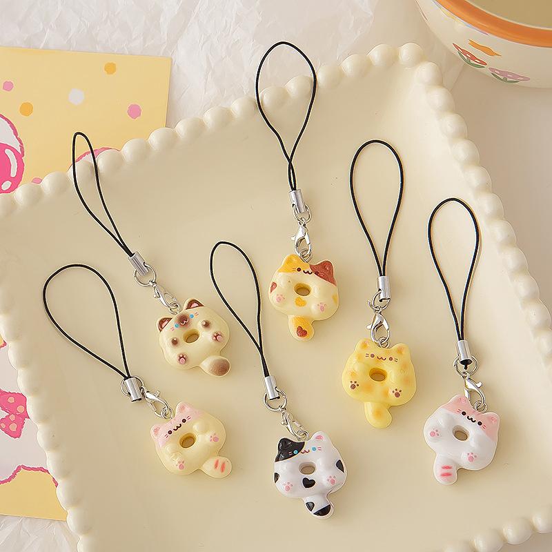 6pcs/set Cute Cat Cookie Phone Charm Strap Soft Kawaii Kitty Couple Keychain Pendant Lanyard Keycord Bag Decoration Gift