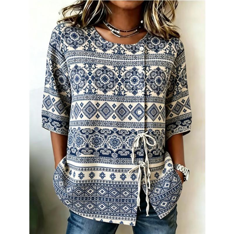 Women's Spring Summer Drawstring Blouse, Boho Aztec Geometric Print Casual Tops for Daily Street Holiday Dating & Leisure Outfit