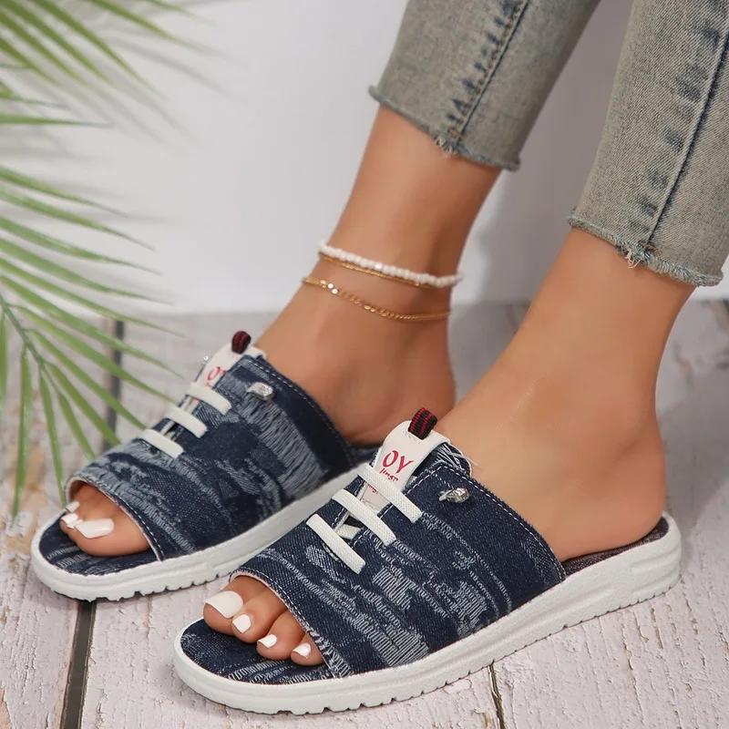 New Comfortable Lightweight Slippers for Womens Shoe Summer Round Head Open Toe Denim Slip-On Indoor Outdoor Flat Casual Sandal