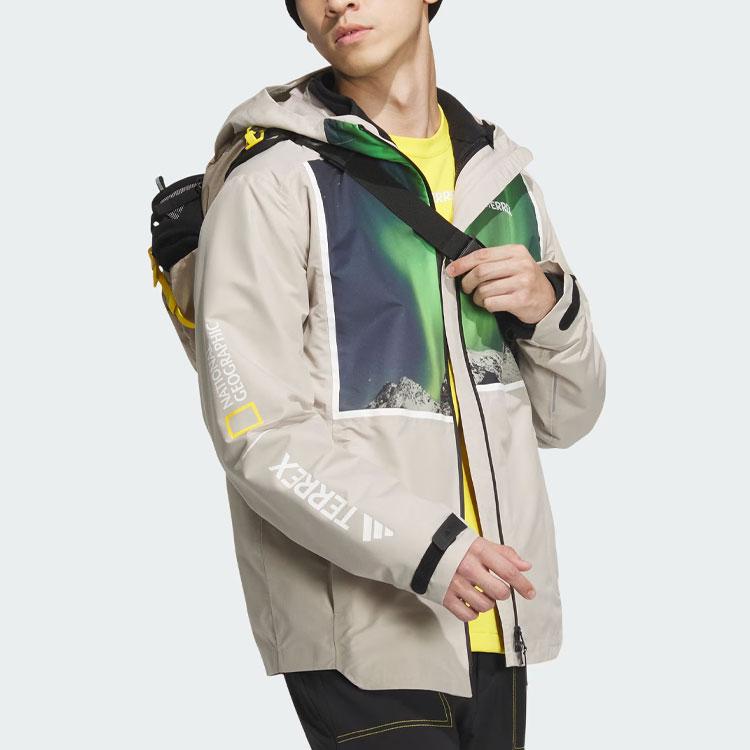 Adidas X National Geographic Rain.Rdy Printed Pattern Outdoor Fleece-Lined 3-In-1 Sports Hooded Jacket Men Outerwear Lead-White IL8961