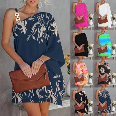One Shoulder Print Flower Dress Waist Hugging Elegant Strap Dress for Women Sleeveless Loose Dresses Causal Backless Dress