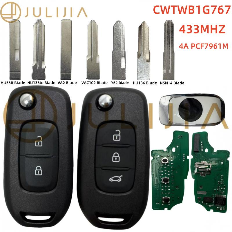 For Renault 4A Chip 433MHZ PCF7961M Megane3 Logan2 Kadjar Captur Symbol Dacia Duster Smart Flip Car Key 2 3 Buttons CWTWB1G767