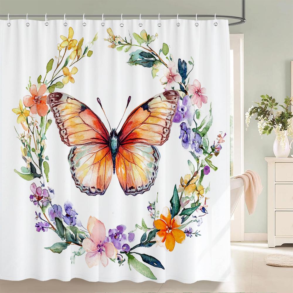 Colorful Butterflies Shower Curtain For Bathroom Floral Romantic Plant And Flowers Decorative Shower Curtains With Hooks