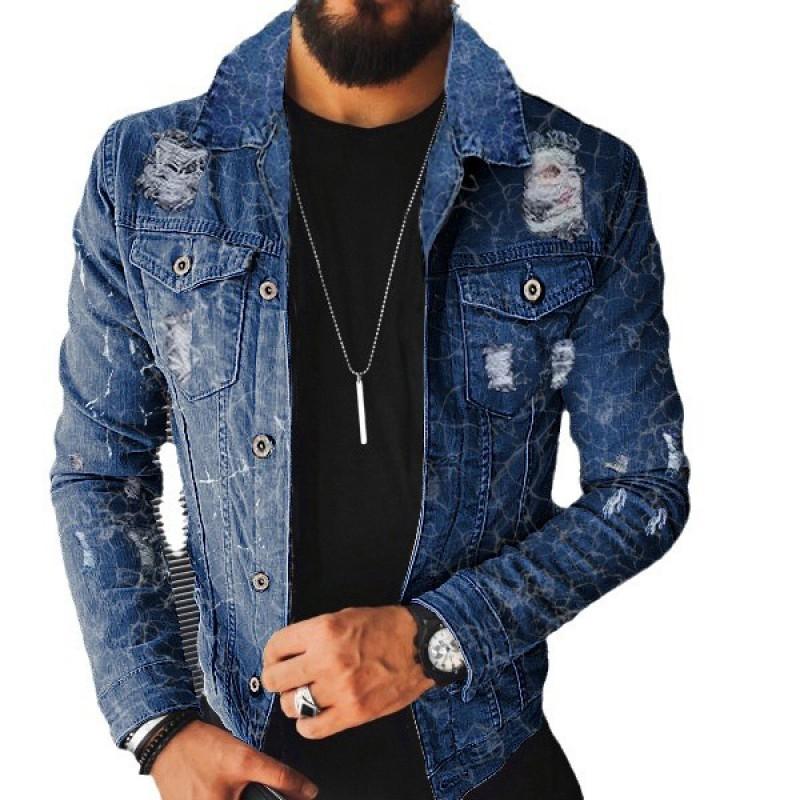 Mens Distressed Print Denim Jacket Winter Streetwear Casual Outerwear Slim Fit Blue Black Grey
