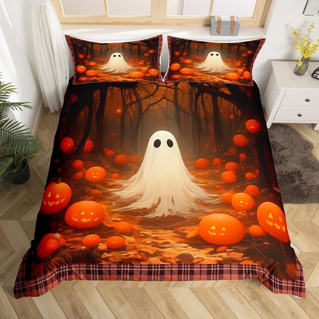 Cartoon Ghost Pink Duvet Cover Cute Black Cat Pet Animal Kitten Quilt Cover Happy Halloween Theme Bedding Set with 2 Pillowcases