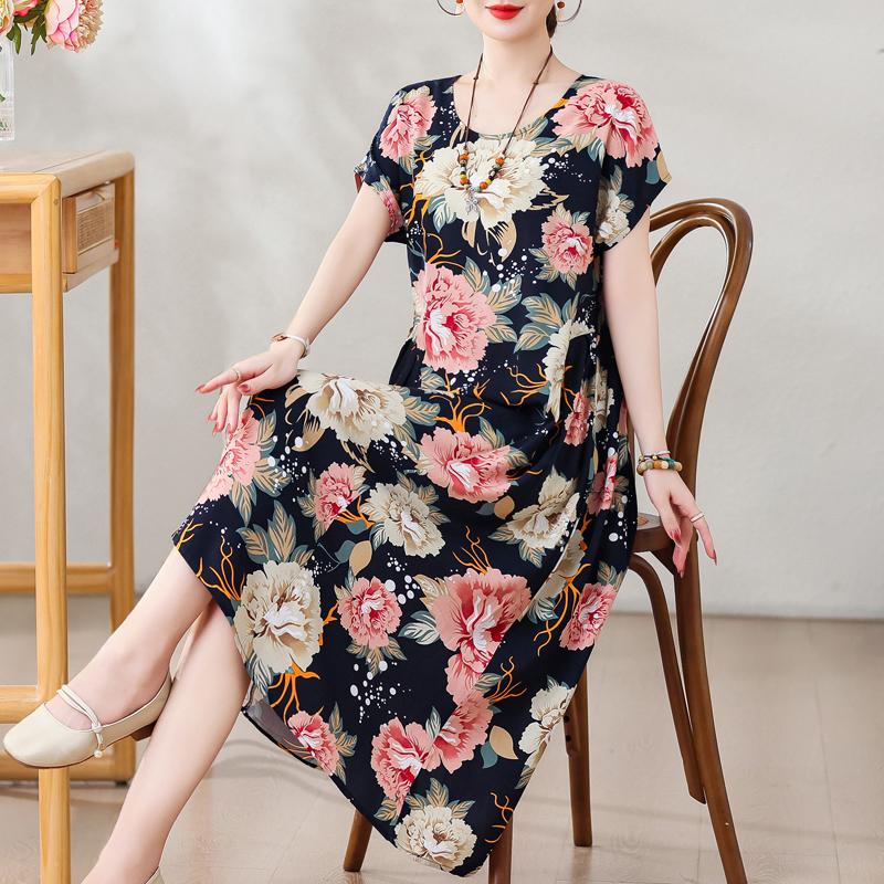 Plus Size Elegant Women Dresses Summer Vintage Clothes Short Sleeve Casual Long Dress