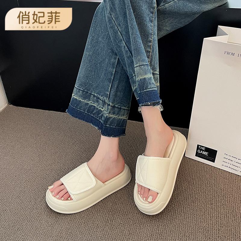 

Шлепанцы на толстой подошве на липучке для женской летней носки, новые шлепанцы-маффины, сандалии на одном слове, прохладный пляж 40 бежевый