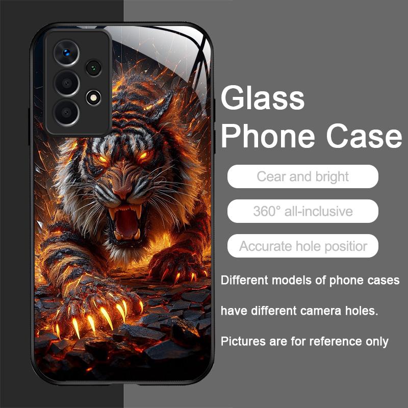 Gold-Schwarz Tigerstreifen Flammen-Print Gehärtetes Glas Handyhülle für Samsung Galaxy A56 A55 A54 A53 A52 A36 A14 A15 A16 A32 Cover