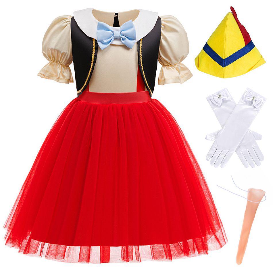 Kinderen Pinokkio Prinses Jurk Kostuum Klassiek Sprookjesfiguur Outfit met Hoed Strik Handschoenen Lange Neus voor Halloween Verkleden 100(2T)