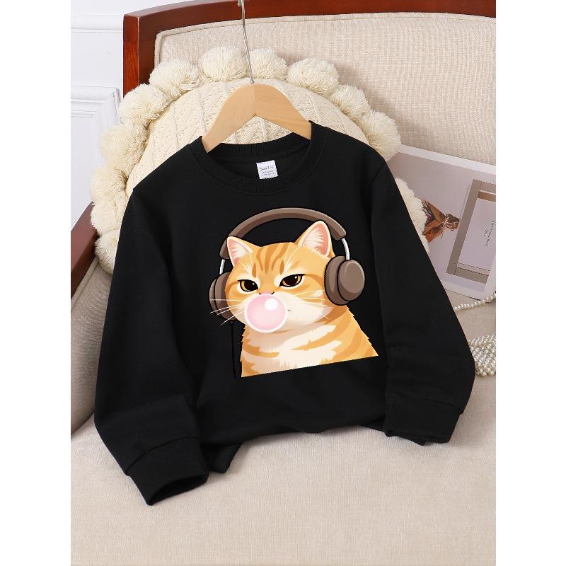 European sizes Girls Soft Crewneck Sweatshirt Cute Cat Wearing Headphones Blowing Bubble Gum, Casual All-Match, Ideal Holiday Present