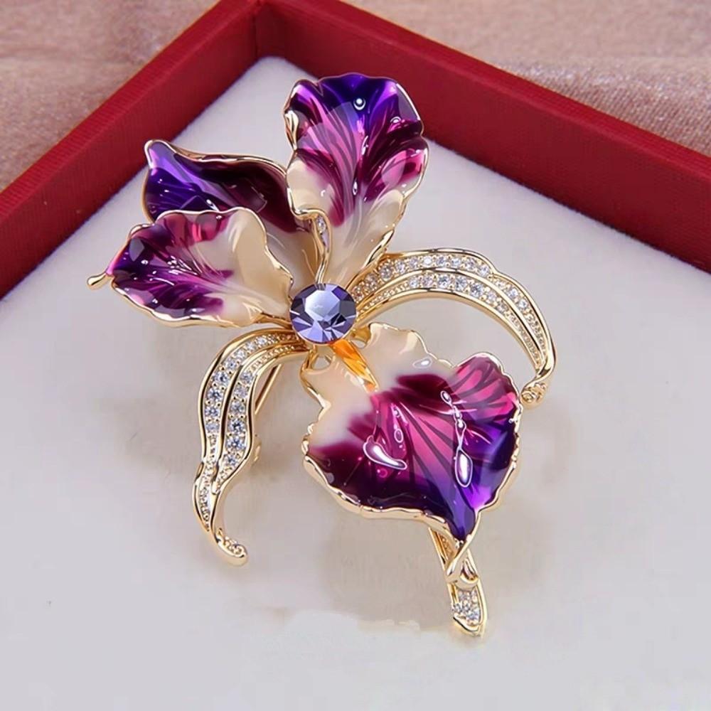 Rhinestone Enamel Lapel Pin Sparkling Plants Badge Vintage Iris Flower Brooch  Suit