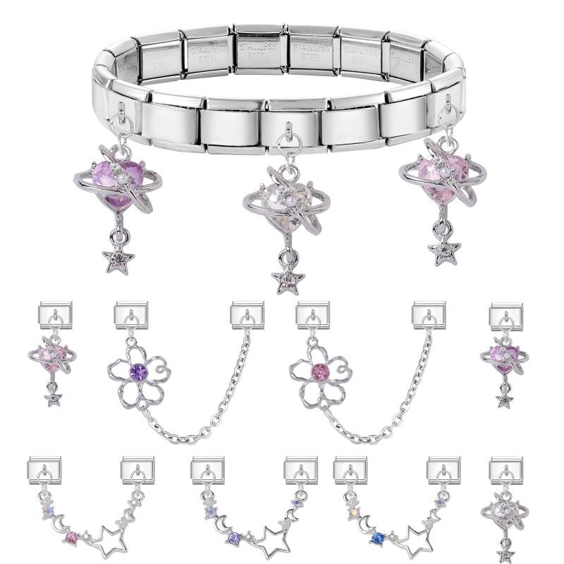 Fashion Crystal Heart Star Flower Moon Tassel Chain Pendant Italian Charm Link Fit 9mm Bracelet Stainless Steel Women DIY Making