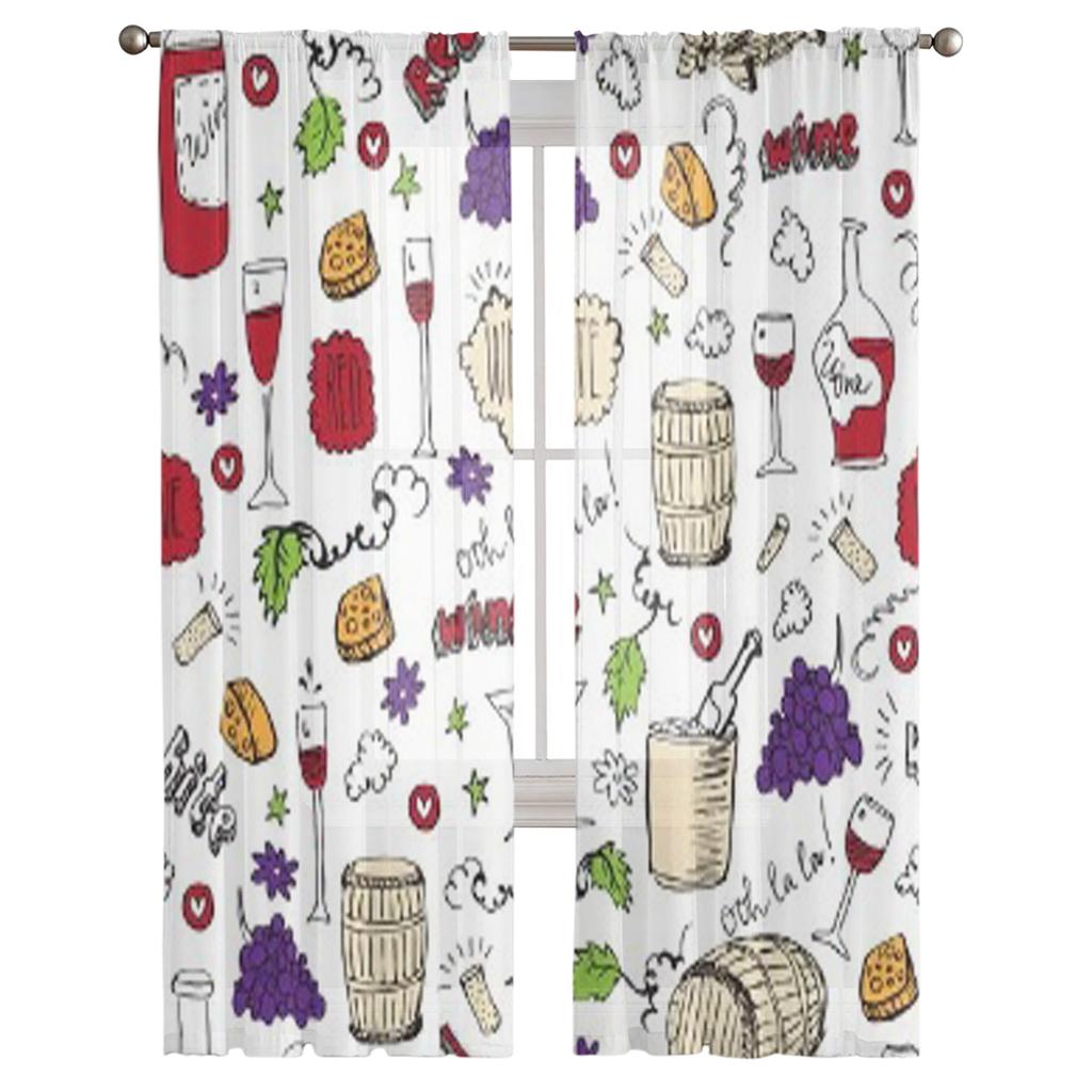 Wine Sketch Vintage Sheer Curtains for Living Room Transparent Tulle Window Treatments Bedroom Kitchen Home Decor Veil Drapes