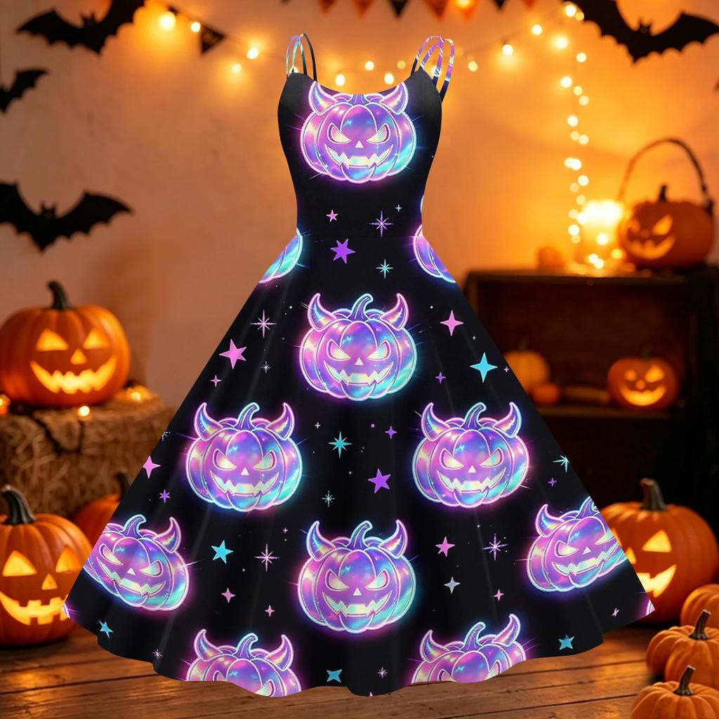 Womens Halloween Print Off Shoulder Punk Vintage Dress Sleeveless Spaghetti Strap Retro Style Midi Dress