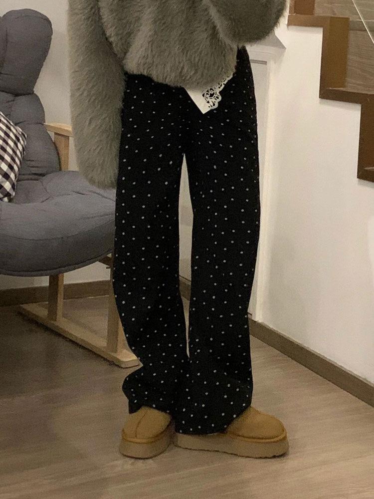 Women's High Waist Black Polka Dot Floral Wide-Leg Trousers with Velvet Lining - Autumn/Winter