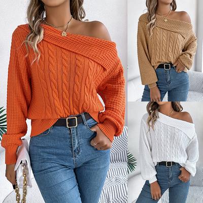 Womens Knitted Jumpers Crew Neck Long Sleeve Pullover Sweater Lapel Off-Shoulder Twist Knitwear Tops
