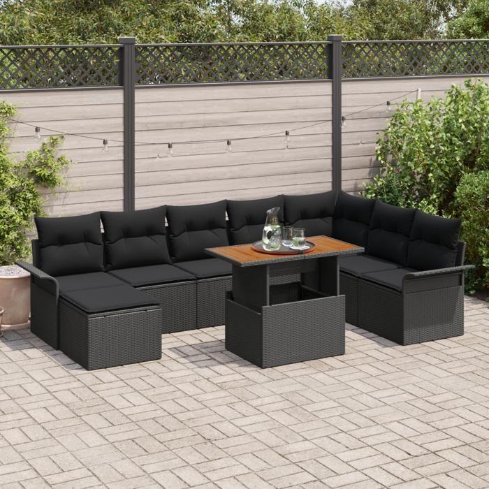 VidaXL Ensemble de salle à manger de jardin 9 pièces avec coussins Noir Poly Rattan Acacia 3349372