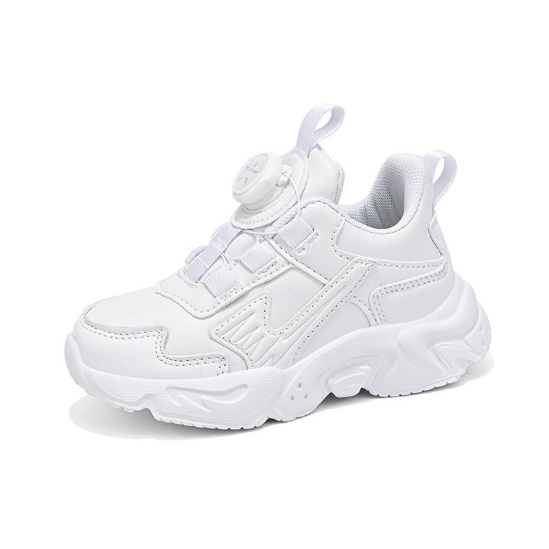 Children's Little White Shoes 2025 Spring and Autumn New White Mesh Breathable Rotating Button Medium and Large Children's and Boys' Sports Shoes