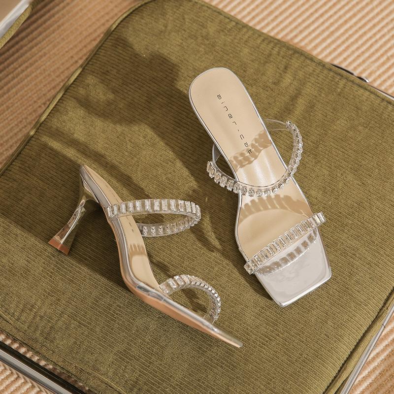 7305 [sheepskin] square head slippers for women's outer wear 2025 new transparent rhinestones with stiletto sandals