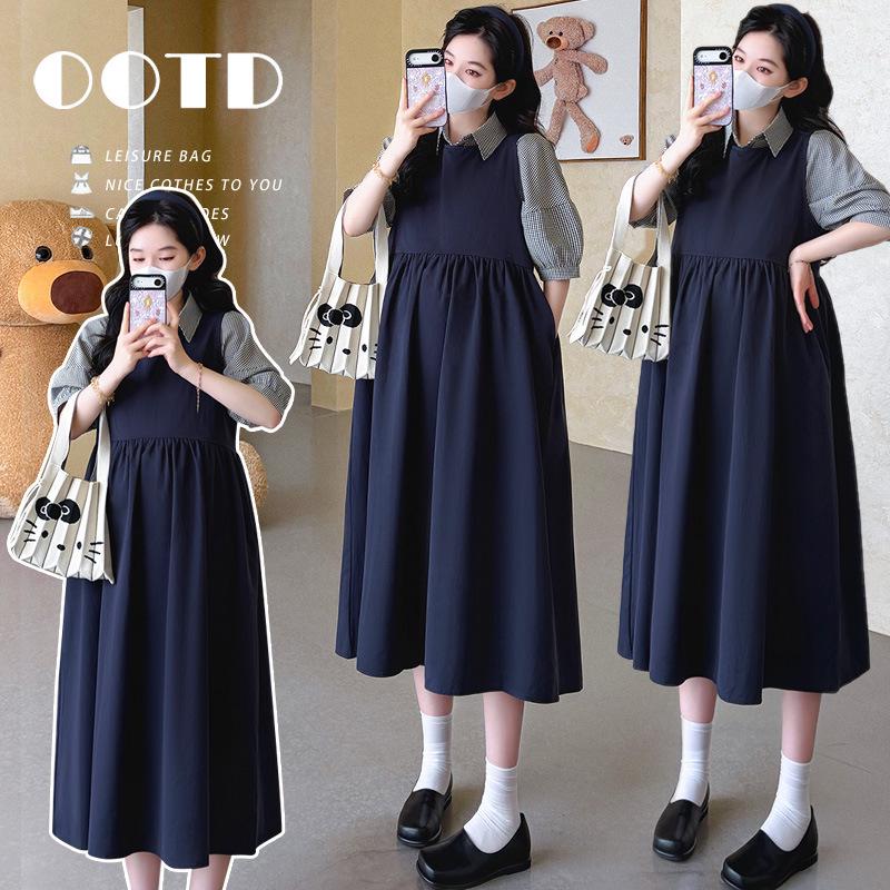 2026 Casual Maternity Two-Piece Set: Plaid Short-Sleeve Shirt + Loose Overalls L