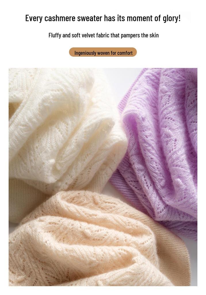 Autumn/Winter Pure Cashmere Floral Knit Sweater: Loose Fit, Rolled Hem, Round Neck, Long Sleeve